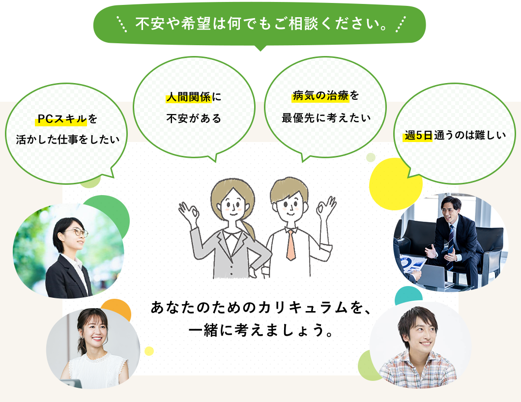不安や希望は何でもご相談ください。あなたのためのカリキュラムを、一緒に考えましょう。